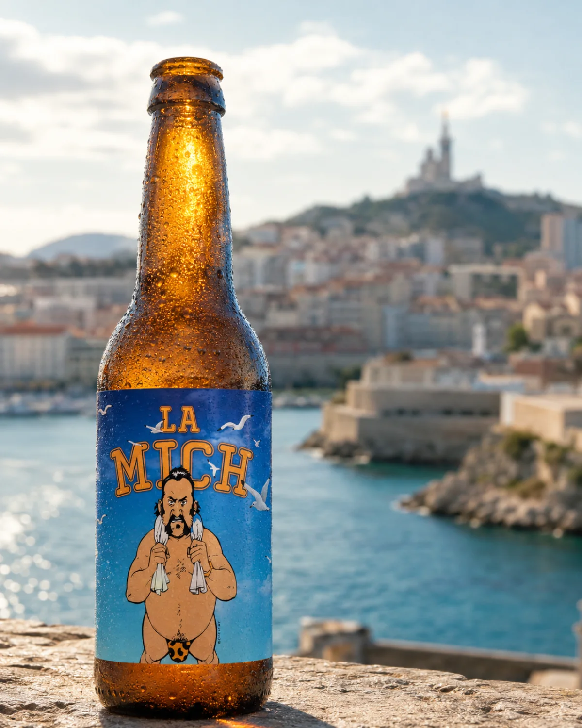 Bouteille de bière La Mich à Marseille, avec Notre-Dame-de-la-Garde en arrière-plan